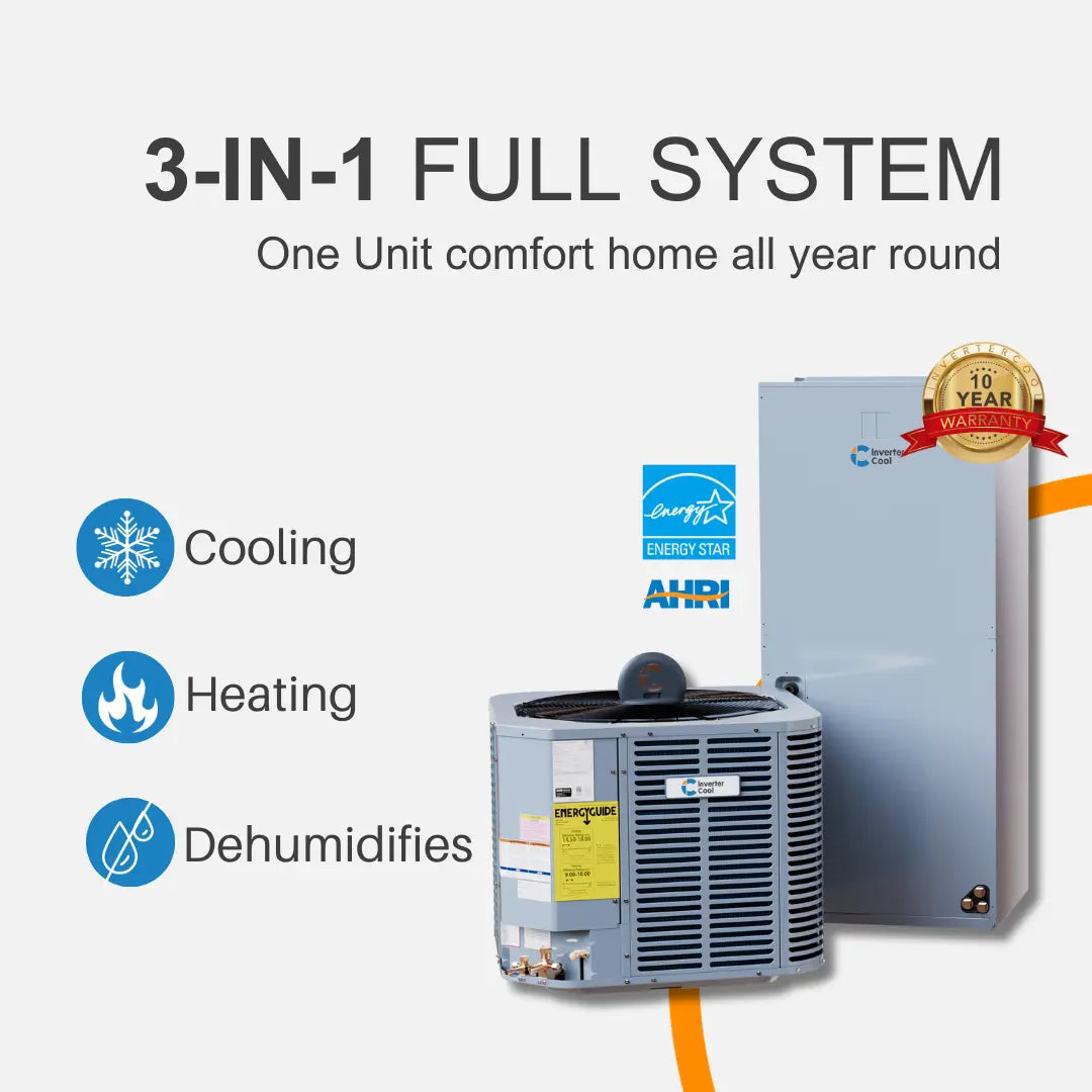 3ton inverter heat pump system, inverter heat pump, heating and cooling, hvac, invertercool, 3 in 1 system, heating, cooling, dehumidifies,