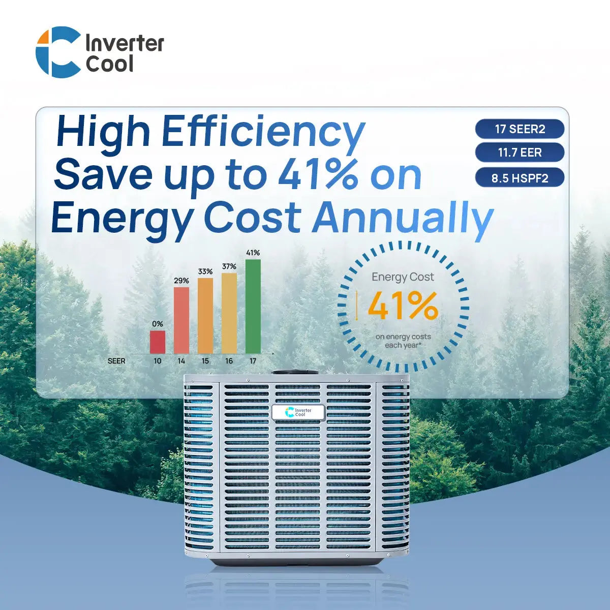 2 ton heat pump system with SEER2 17, inverter heat pump, air source heat pump, energy star, HSPF2 8.5, invertercool