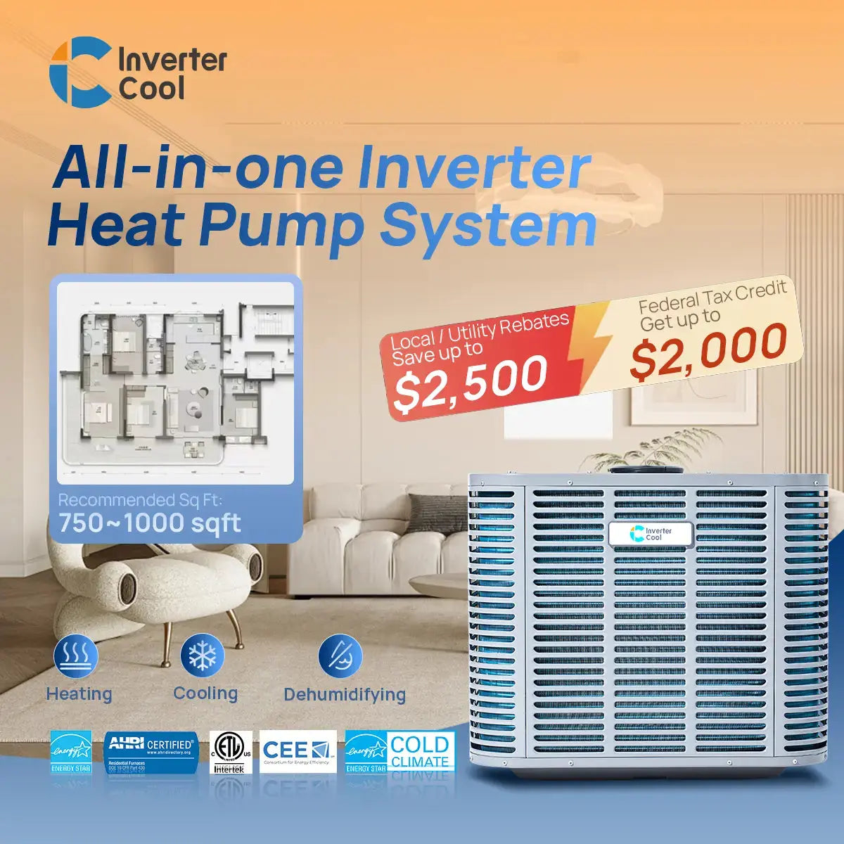2 ton variable speed heat pump, air source heat pump, federal tax credit, tax rebate, invertercool, inverter heat pump, 